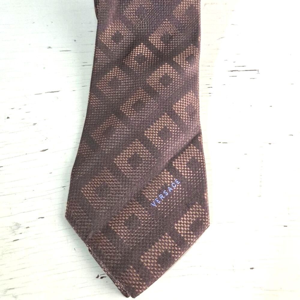 Versace Silk Tie Brown Geometric Medusa Logo Italy Designer Luxury Necktie Class